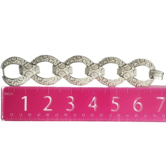 Crown Trifari Bracelet Silver Tone Circles Oval Textured Chunky Wide Links VTG - Picture 11 of 11